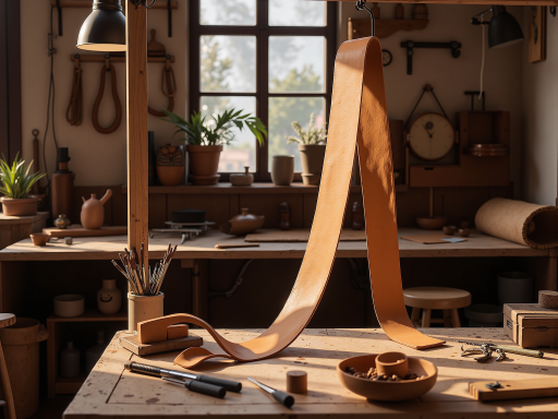 皮革工厂内部场景,现代化生产设备和整齐摆放的原材料,展现专业生产环境