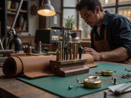 皮革加工车间内部,工人们正在操作设备进行皮革加工,展现专业生产流程